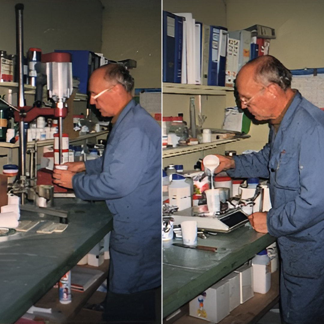 自1972年起成为可持续发展地先驱 5 Historisches Foto eines Laboranten bei der Arbeit im Labor von ALFA Klebstoffe AG, mit Fokus auf die Entwicklung von Klebstoffen.